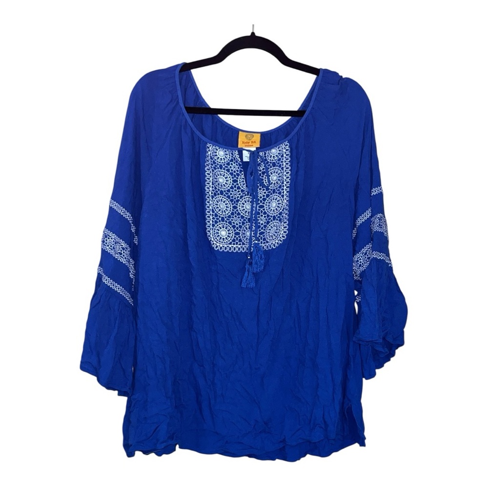 Ruby rd 3X bell sleeve boho embroidered blouse blue white tassels plus size